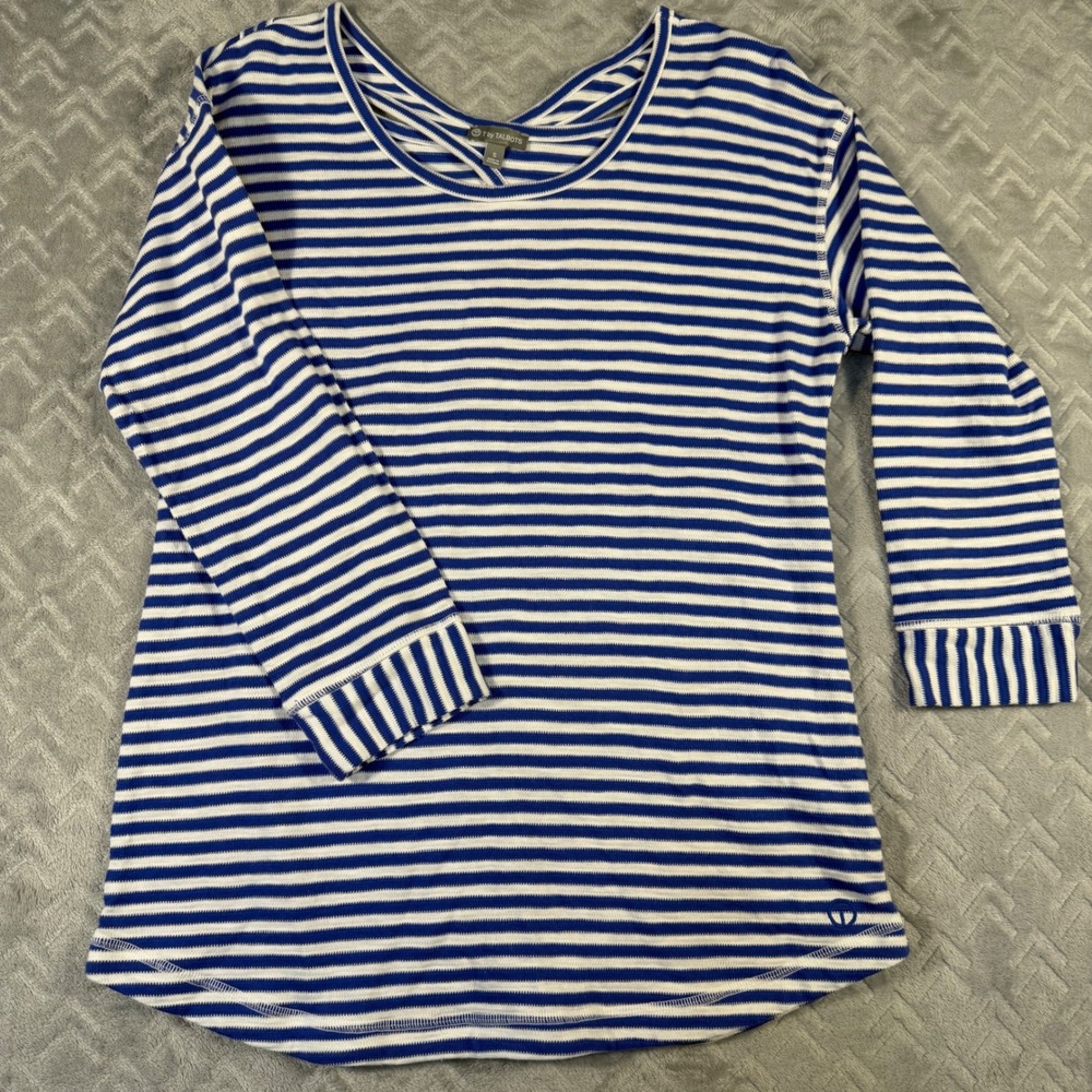 T by Talbots Top Women Size S Blue White NWOT Striped‎ Twist Back 3/4 Sleeve Tee